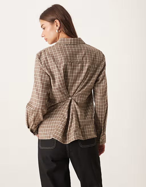 AWARE oversized boyfriend fit oxford shirt in beige and brown mini check print | ASOS (Global)