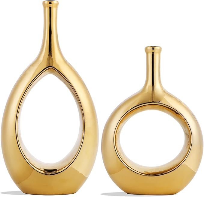 SANFERGE Set of 2 Golden Ceramic Flower Vase, Hollow Oval Vase for Home Décor Office Decoration,... | Amazon (US)