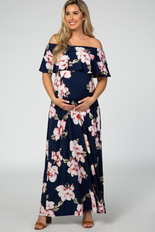 Navy Blue Floral Off Shoulder Maxi Maternity Dress | PinkBlush Maternity