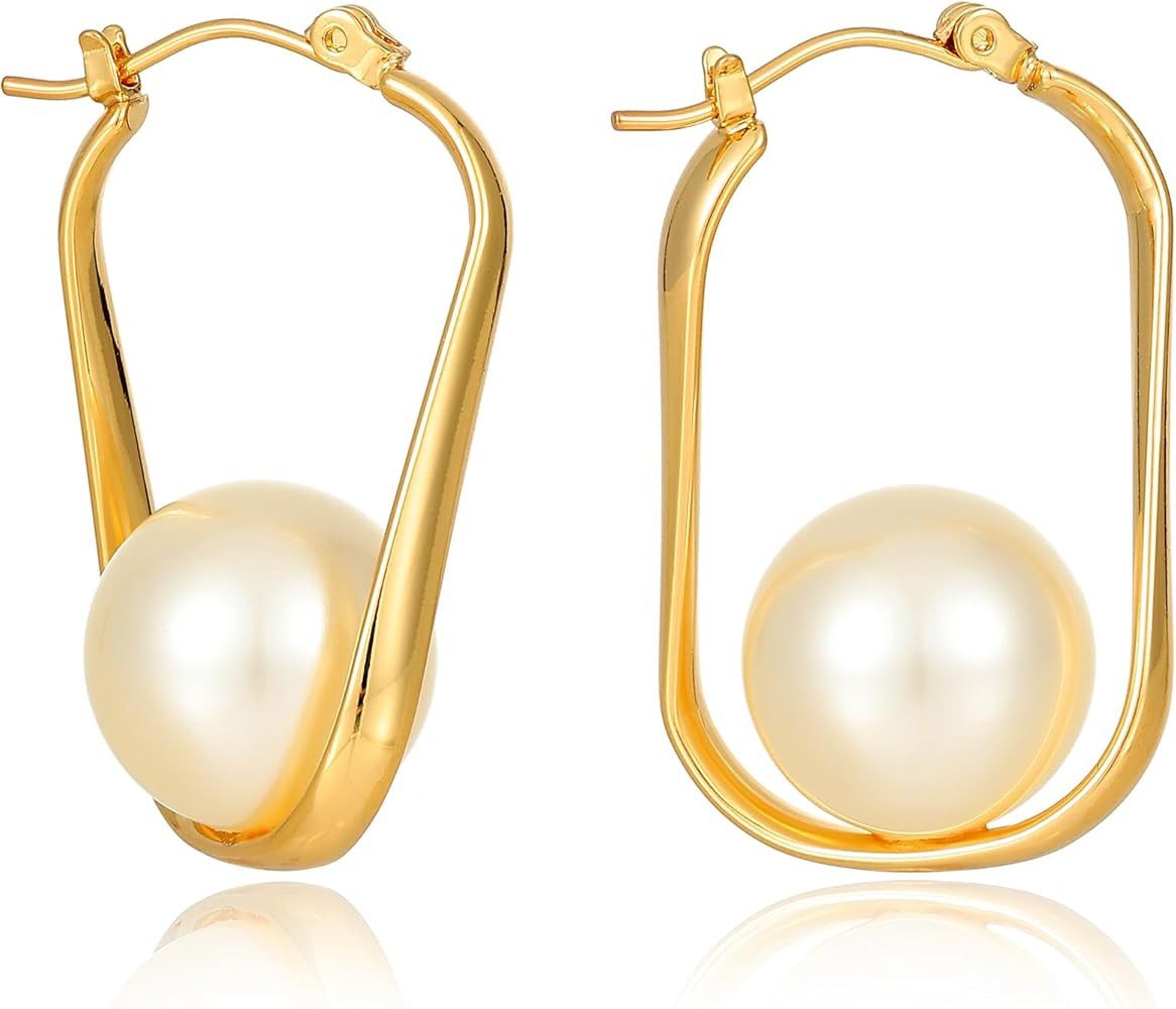 14K Gold Plated Ivory Pearl Hoop Earrings for Women Daily Wear - Trendy Hypoallergenic Brass 925 ... | Amazon (US)