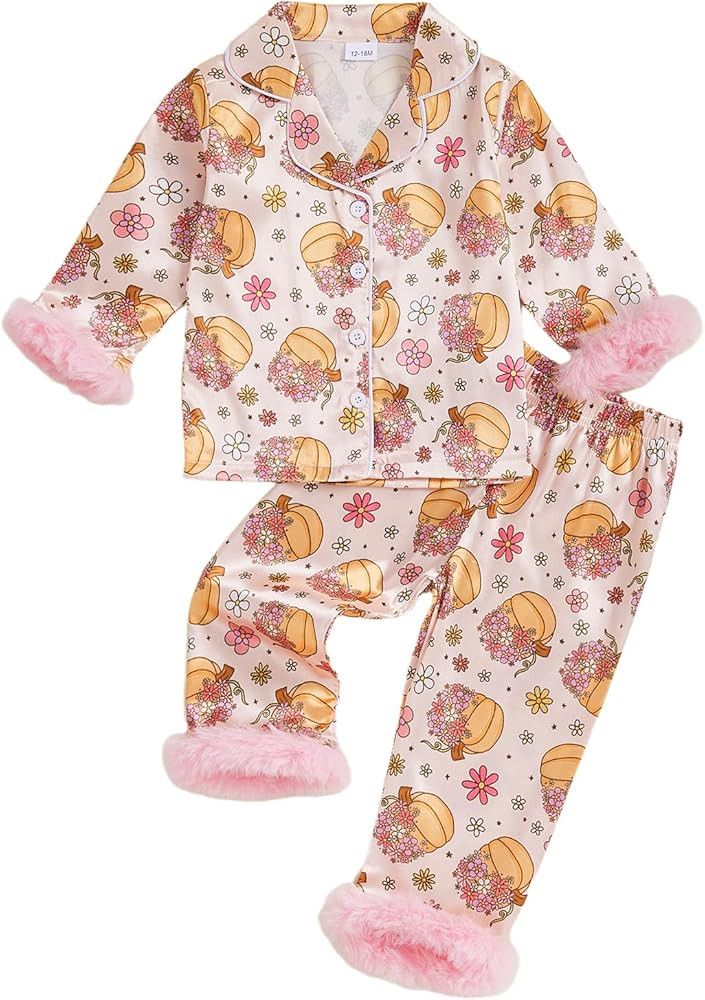 Kuriozud Kids Toddler Girl Satin Pajamas Fuzzy Trim Long Sleeve Button Down Shirt Top and Pants 2... | Amazon (US)