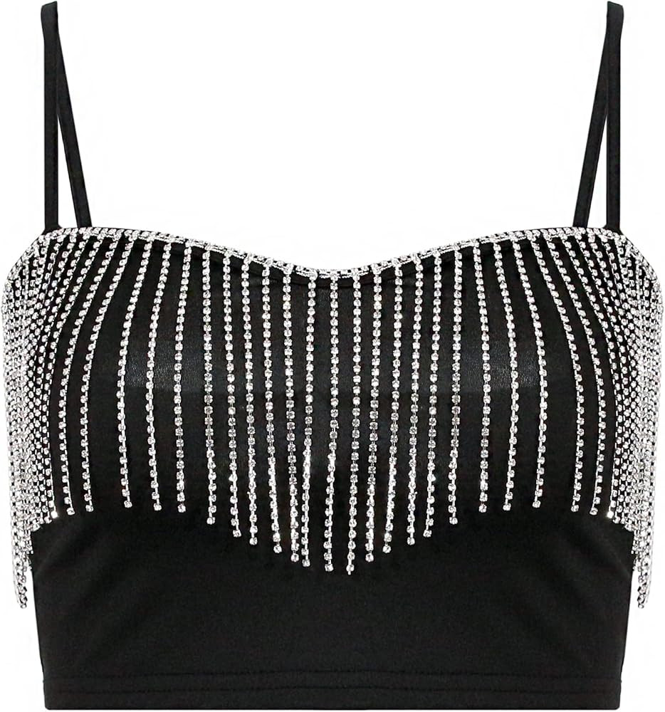 Vimoisa Women Reflective Metallic Tank Top Bustier Spaghetti Strap Crop Top Tight Sleeveless Tube To | Amazon (US)