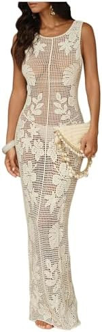 WDIRARA Women's Floral Crochet Sheer Cover Up Maxi Beach Dress Hollow Out Sleeveless Coverups | Amazon (US)