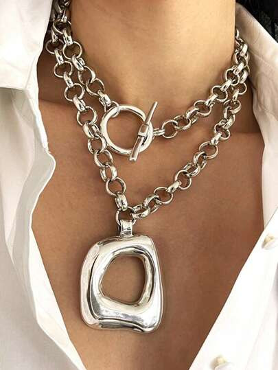 17KM 1pc Simple Fashionable Exaggerated Silver Minimalist Square Chain Pendant Necklace Set, Suit... | SHEIN