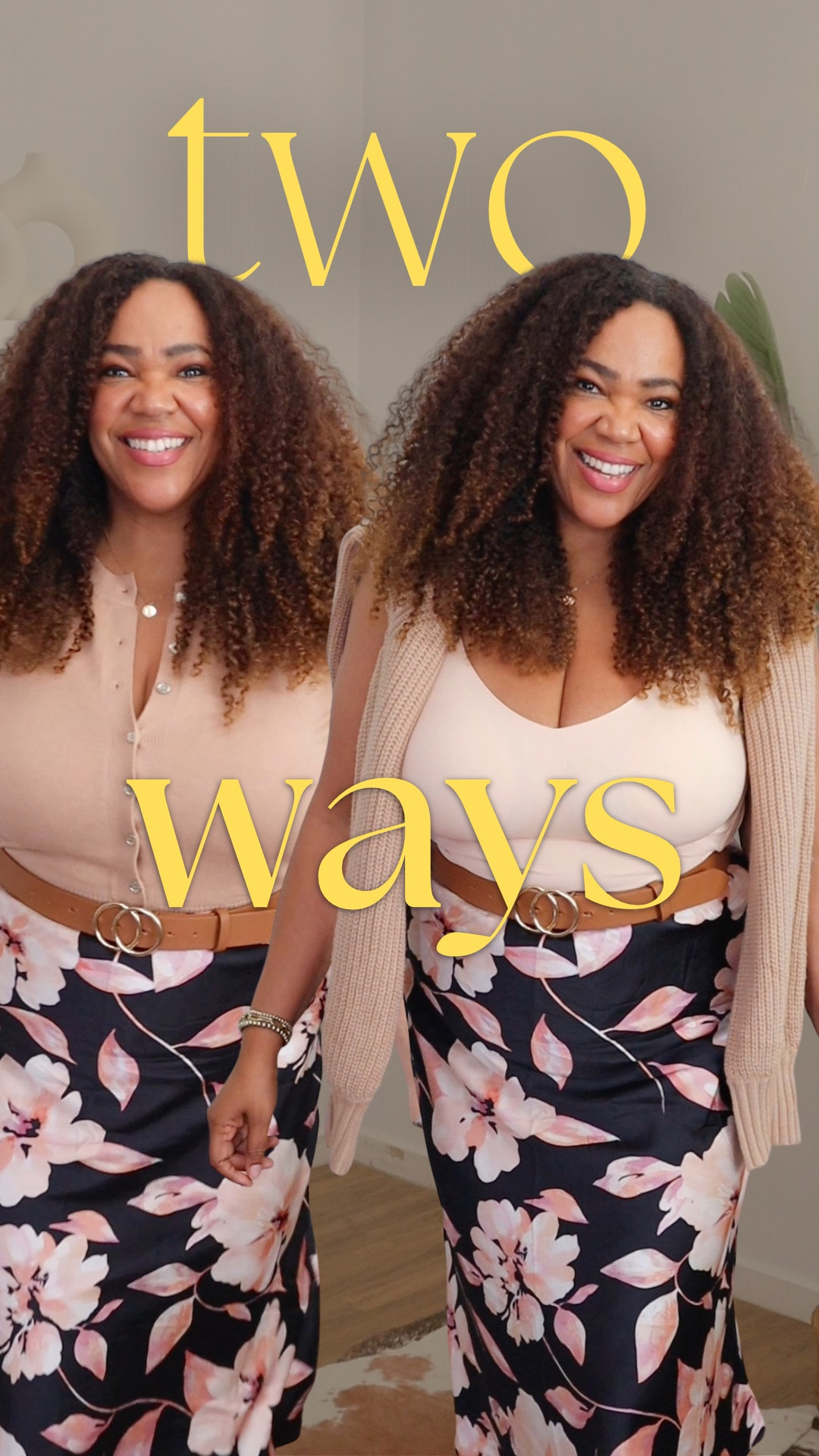 One skirt ✌🏾ways! First with a shapewear cami and cardigan over the shoulders and then a cardigan buttoned up. Perfect for spring 💐

Sizing:
@btfbm Skirt - Large 
@Honeylove Cami - XL
 Cardigans - Medium 