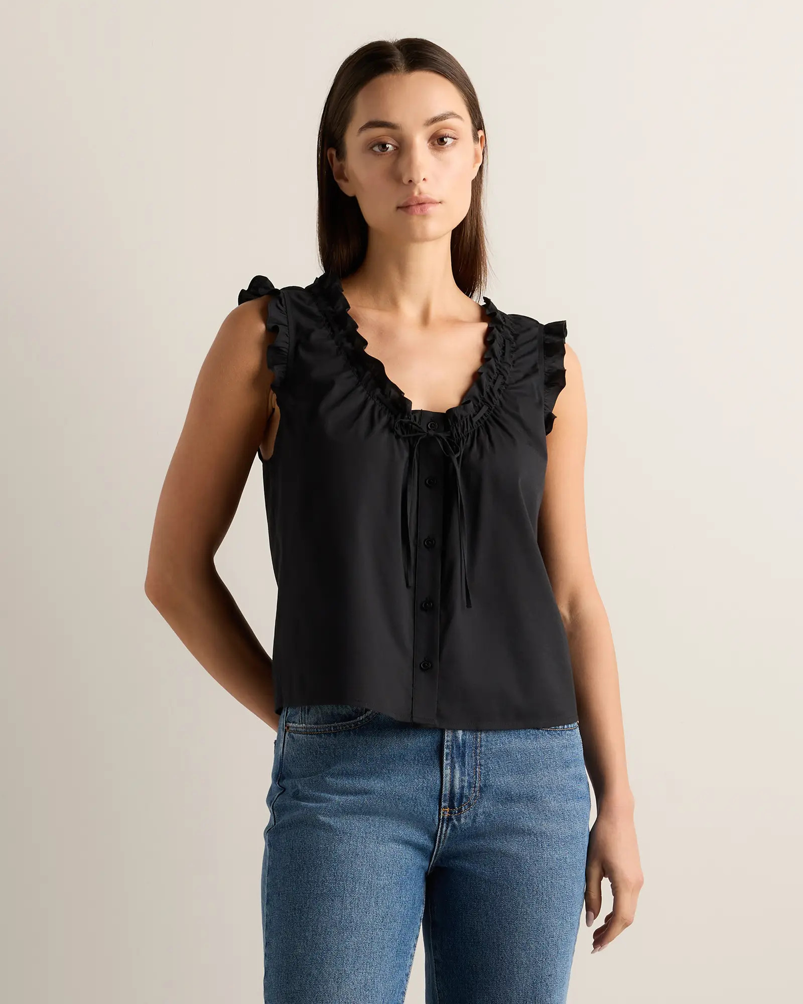 Cotton Viscose Voile Ruffle Trim Tank | Quince