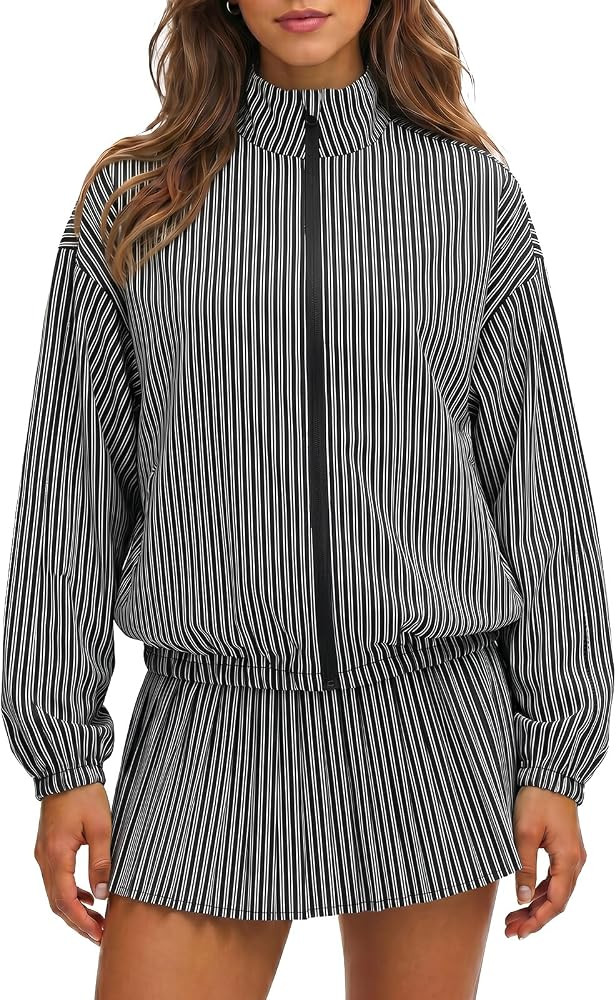 Fisoew Womens 2 Piece Striped Outfits Casual Stand Collar Zip Up Jackets Pleated Mini Skirts Tenn... | Amazon (US)