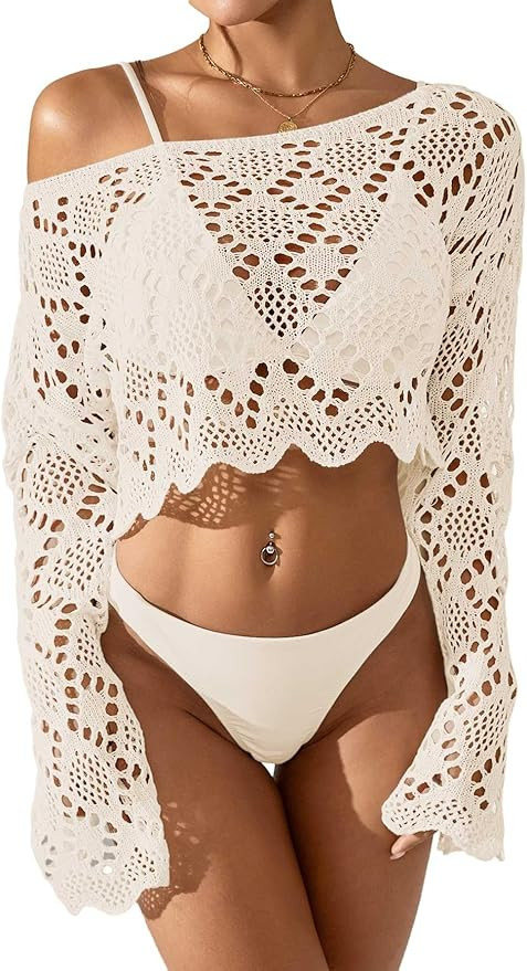BreathSunny Womens Crochet Swimsuit Coverup Cropped Tops Summer 2026 Off Shoulder Ruffle Trim Bea... | Amazon (US)