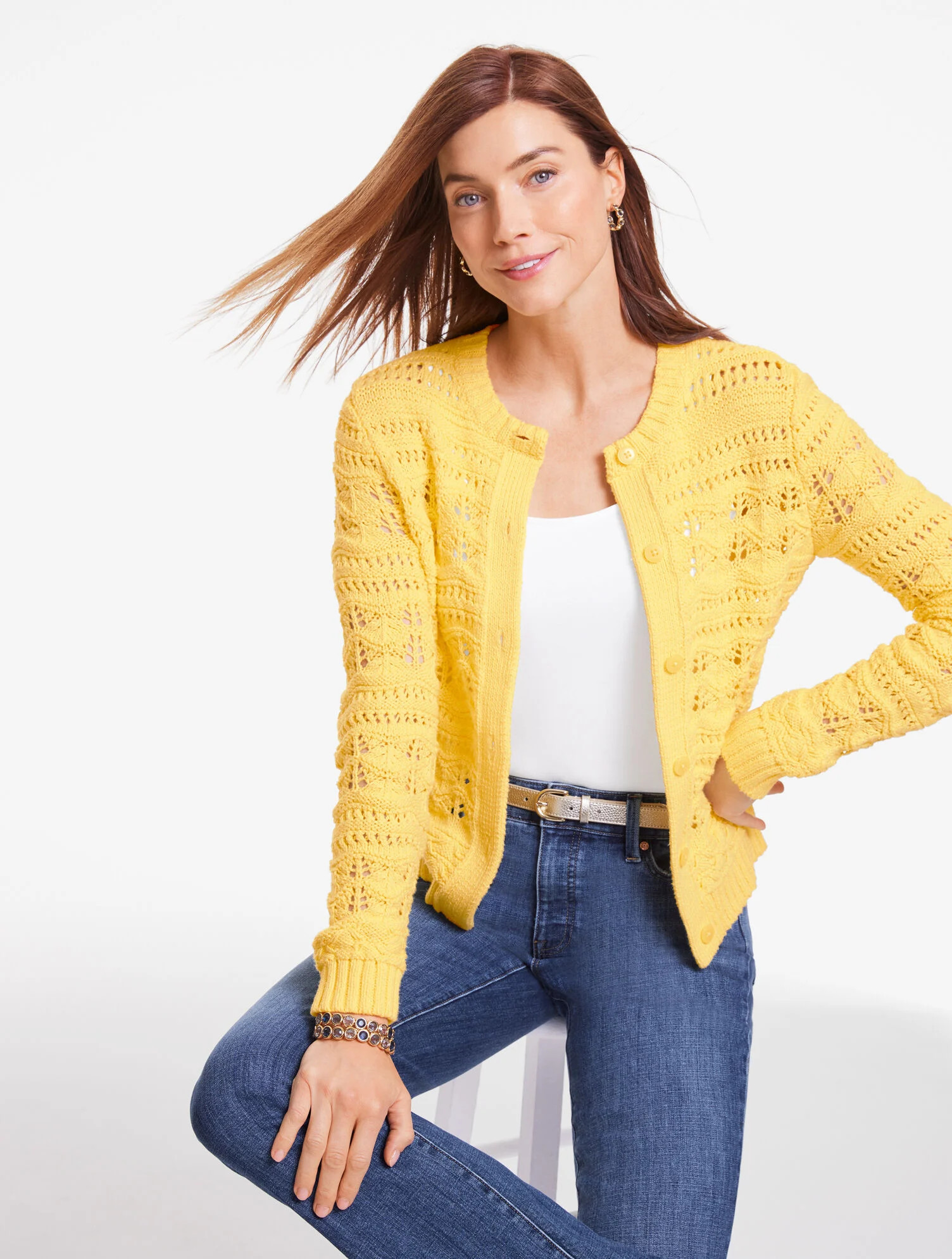 Open Stitch Crewneck Cardigan | Talbots