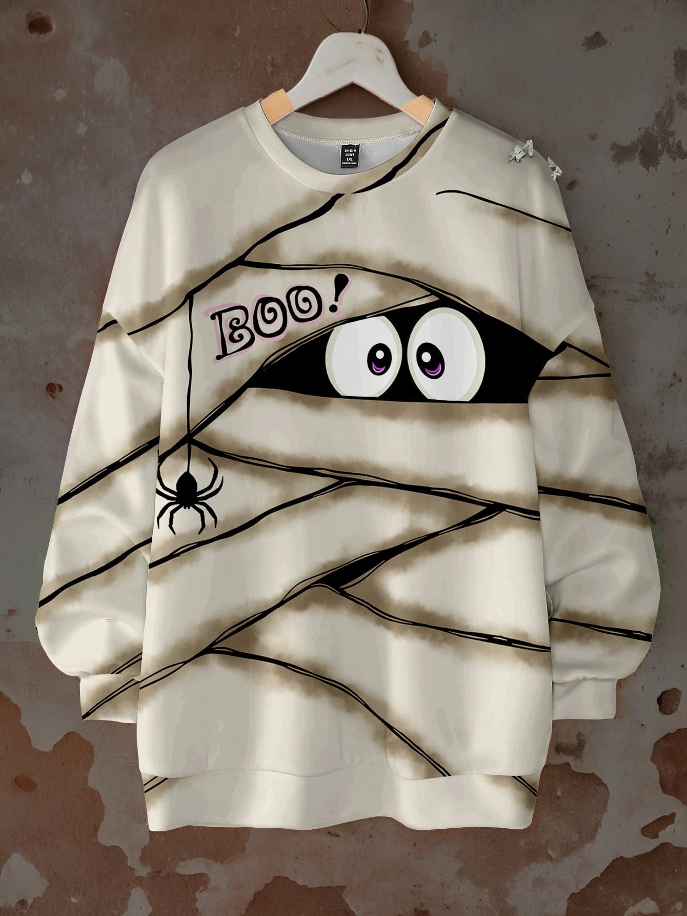 SHEIN LUNE Casual Striped Bandage Spider & Ghost Print Loose Fit Crew Neck Long Sleeve Sweatshirt... | SHEIN