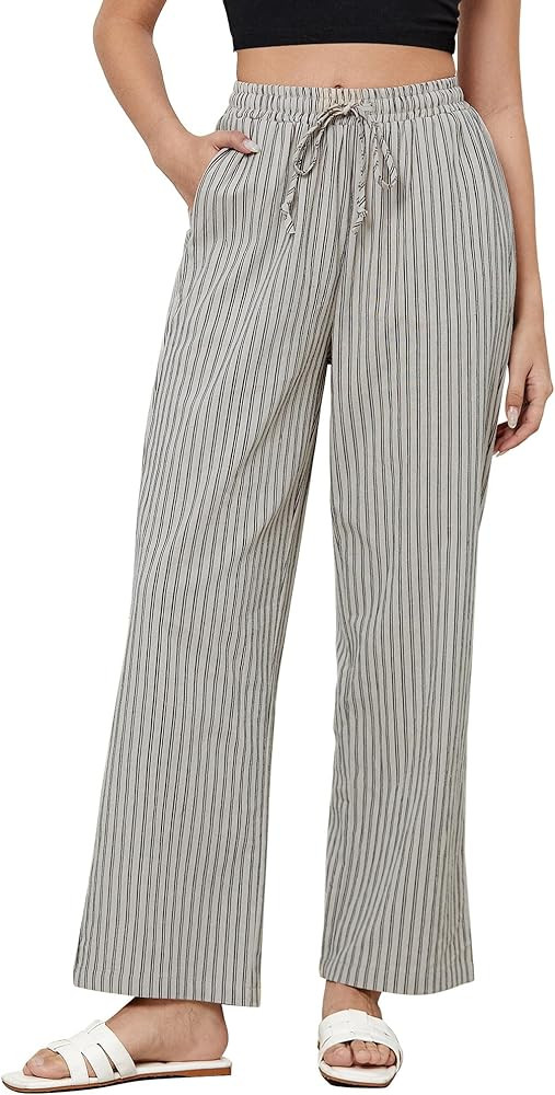 GRAPENT Striped Pants for Women High Waisted Wide Leg Cotton Linen Trendy Beach Pull On Elastic W... | Amazon (US)