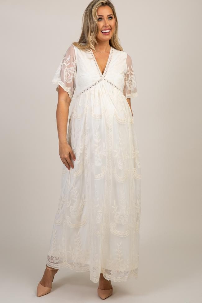 PinkBlush Cream Lace Mesh Overlay Maternity Maxi Dress | PinkBlush Maternity