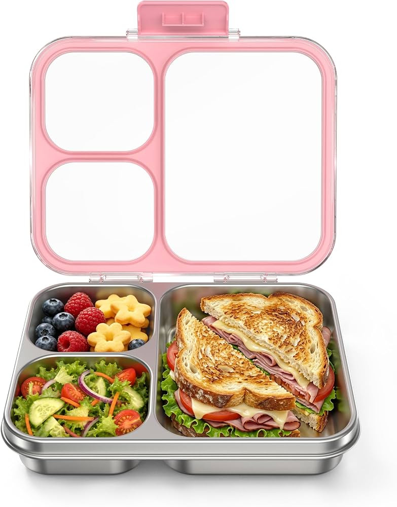 HOMEKOL Stainless Steel Bento Lunch Box 3-Compartment, 4.2Cups, Pink | Amazon (US)