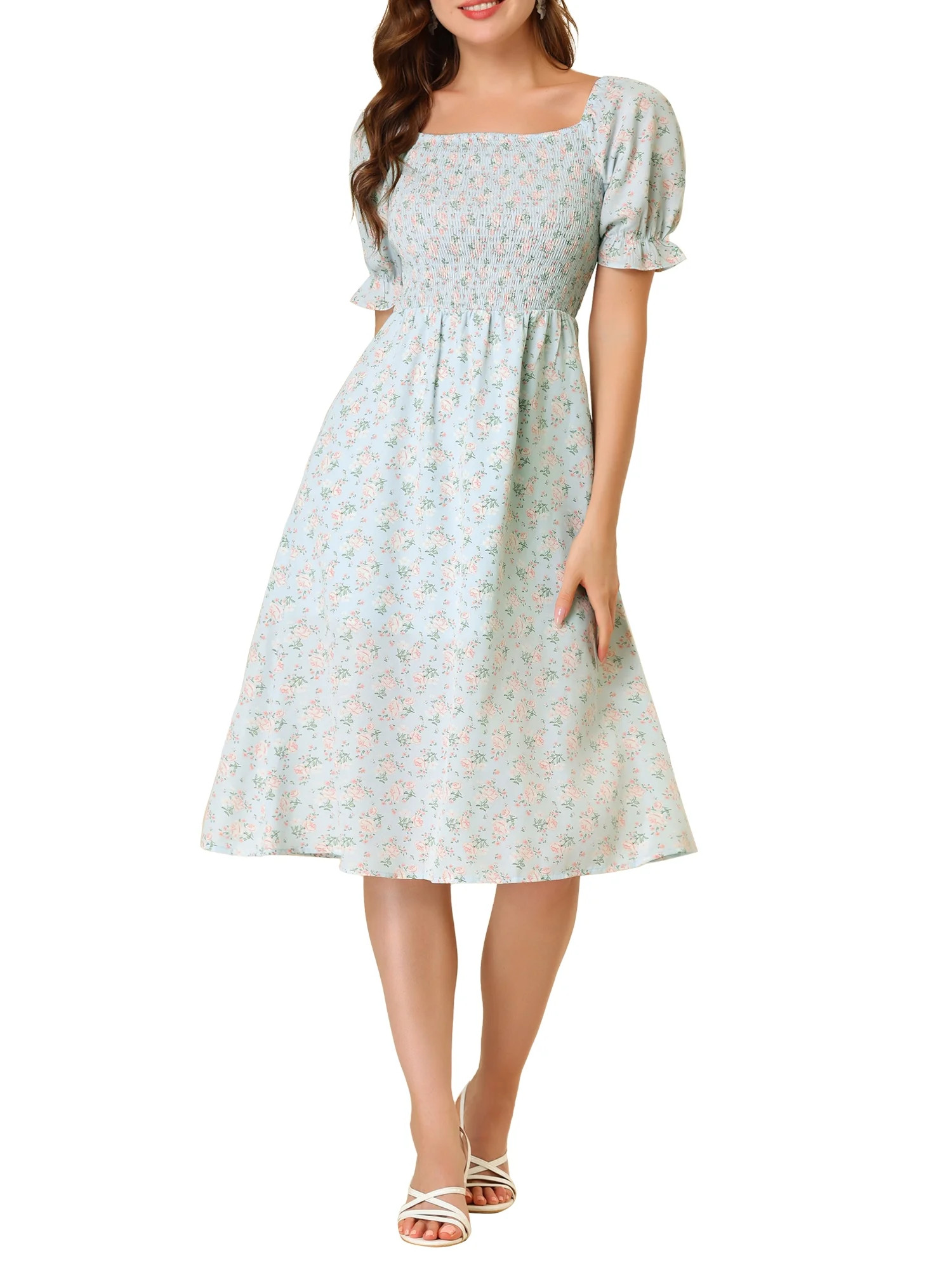 Allegra K Women's Square Neck Puff Sleeves Casual Midi Smocked Floral Dresses | Walmart (US)