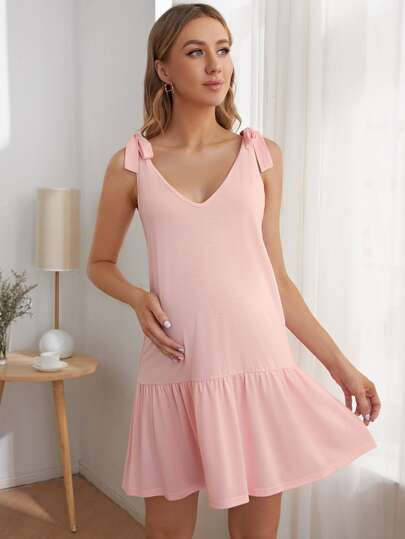 Maternity Knot Shoulder Ruffle Hem Nightdress | SHEIN