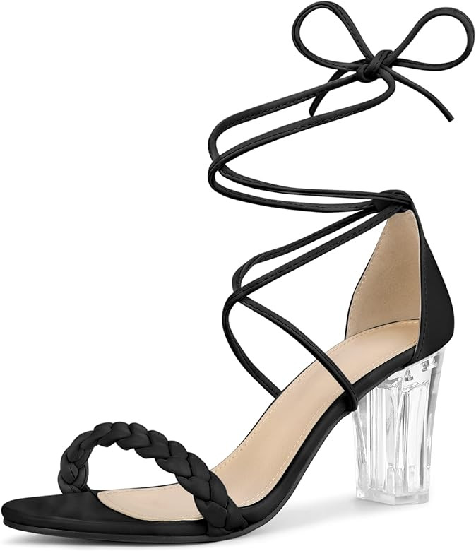 Amazon.com | Allegra K Women's Woven Braided Heel Lace Up Clear Black Block Heel Sandals 7.5 M US... | Amazon (US)