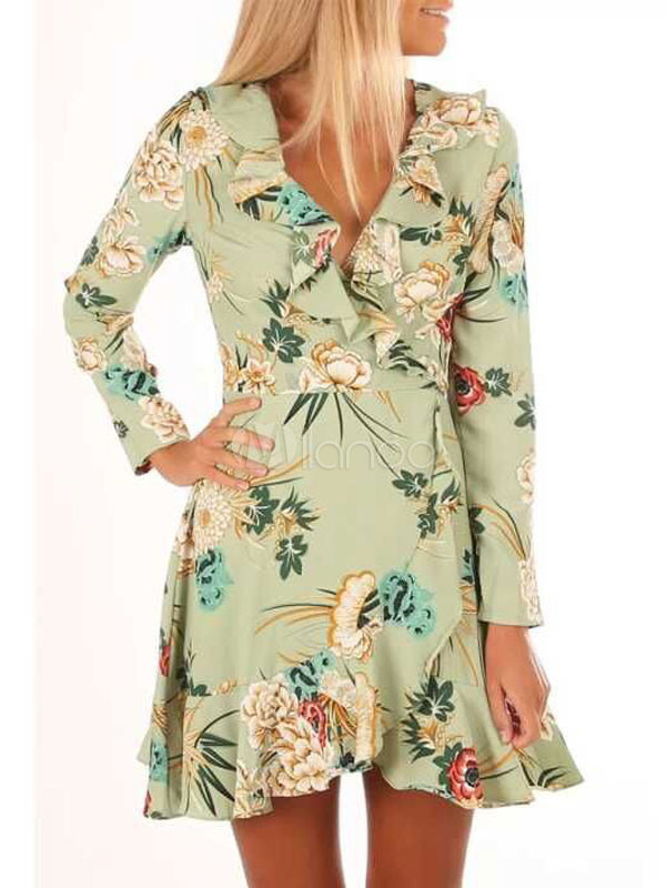 Floral Skater Dress Women Green Long Sleeve Ruffle V Neck Summer Dress | Milanoo