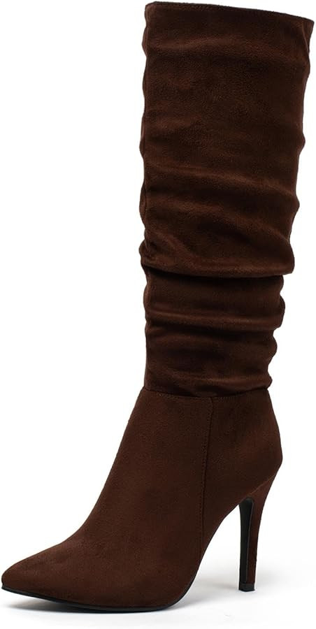 katliu Women Faux Suede Knee High Boots Pointed Toe Stiletto Boot Slouchy Zipper High Heel Boots | Amazon (US)