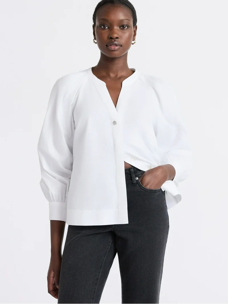 Free Assembly Women's and Women's Plus Cotton Pleat Neck Shirt with Long Sleeves, Sizes XS-4X | Walmart (US)