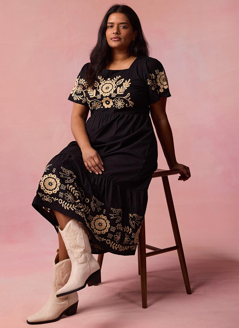 Alice Embroidered Square Neck Midi Dress - Black | Joanie