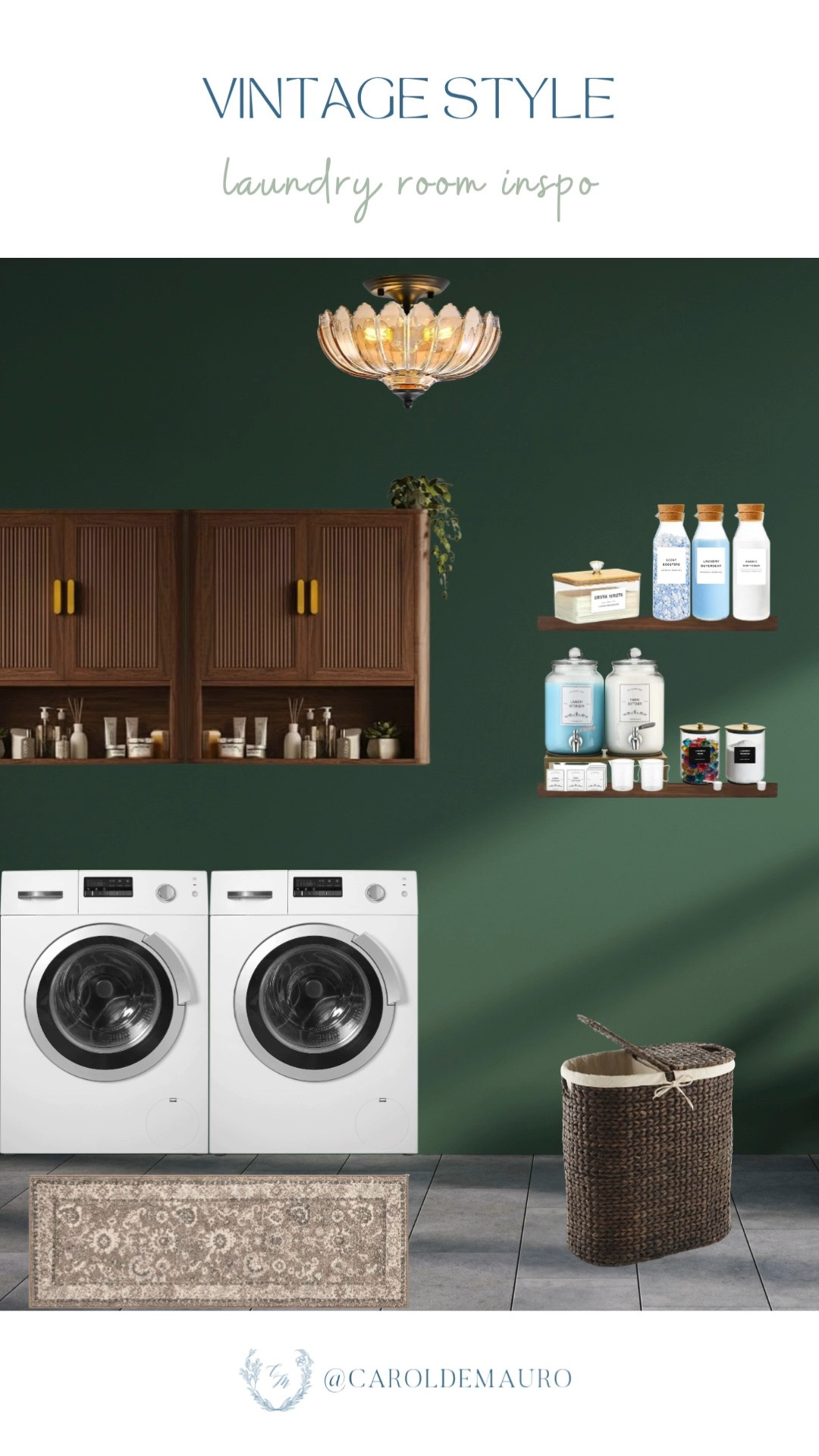 This laundry room is giving all the vintage charm! The emerald walls, fluted glass light fixture, and warm wood cabinets make even laundry day feel pretty.

vintage style laundry, laundry room refresh, laundry organization, wicker hamper, laundry storage, home renovation, amazon home

#LTKHome