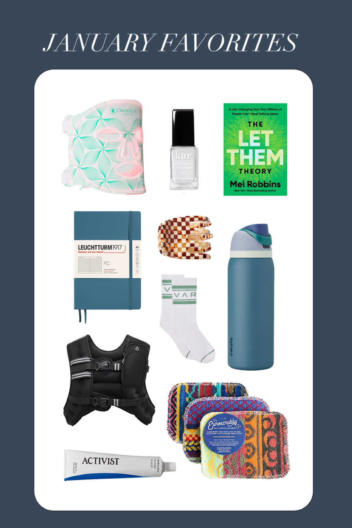 My most used products of January.
1. LED mask-use this every morning for 10 minutes.
2. The only color I will paint my nails
3. Book I read…so good!
4. New notebook
5. Hairclip I always wear
6. Favorite new water bottle…trying to reduce drinking out of straws
7. Half-crew ankle socks
8. Weighted walking vest
9. Must-have kitchen scrubber
10. Honey face mask

#LTKFindsUnder100 #LTKMostLoved #LTKGiftGuide