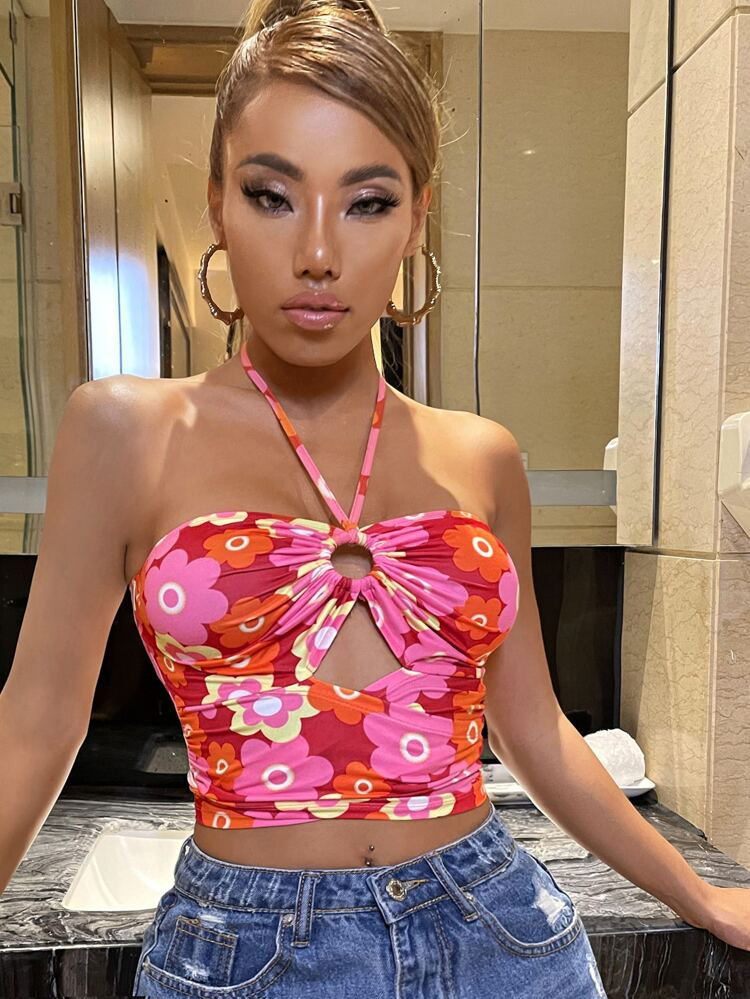 SHEIN Floral Print Cut Out Tie Back Crop Halter Top | SHEIN