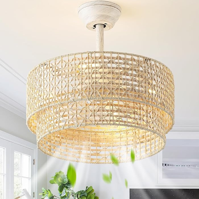 20" Boho Ceiling Fans with Lights, Rattan Fandelier Chandelier Ceiling Fan with Light Remote Cont... | Amazon (US)
