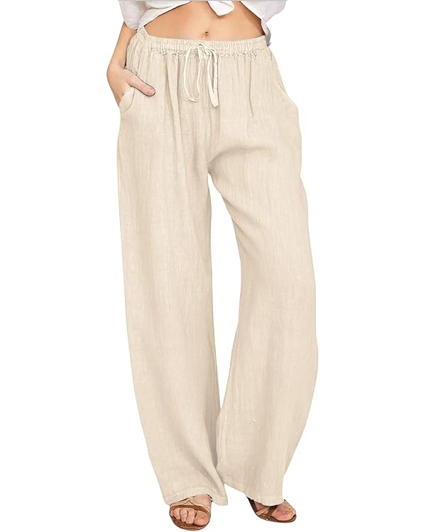CHARTOU Women's Summer Drawstring Waist Wide Leg Loose Cotton Linen Palazzo Pants | Amazon (US)