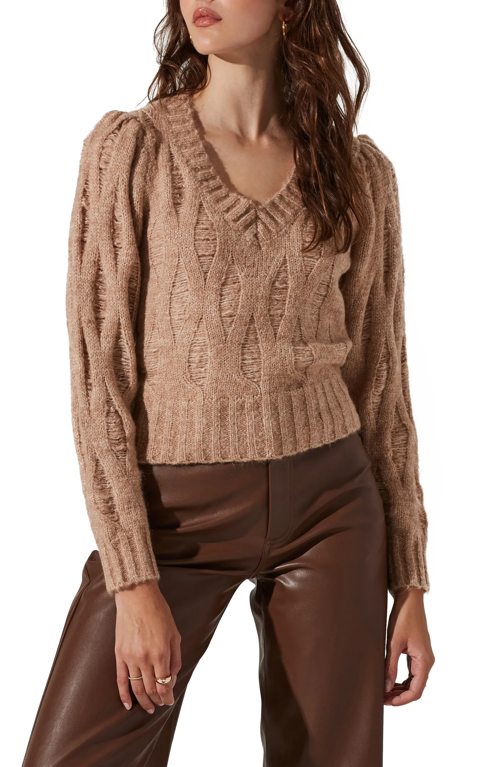 ASTR the Label Distressed V-Neck Cable Knit Sweater | Nordstrom | Nordstrom