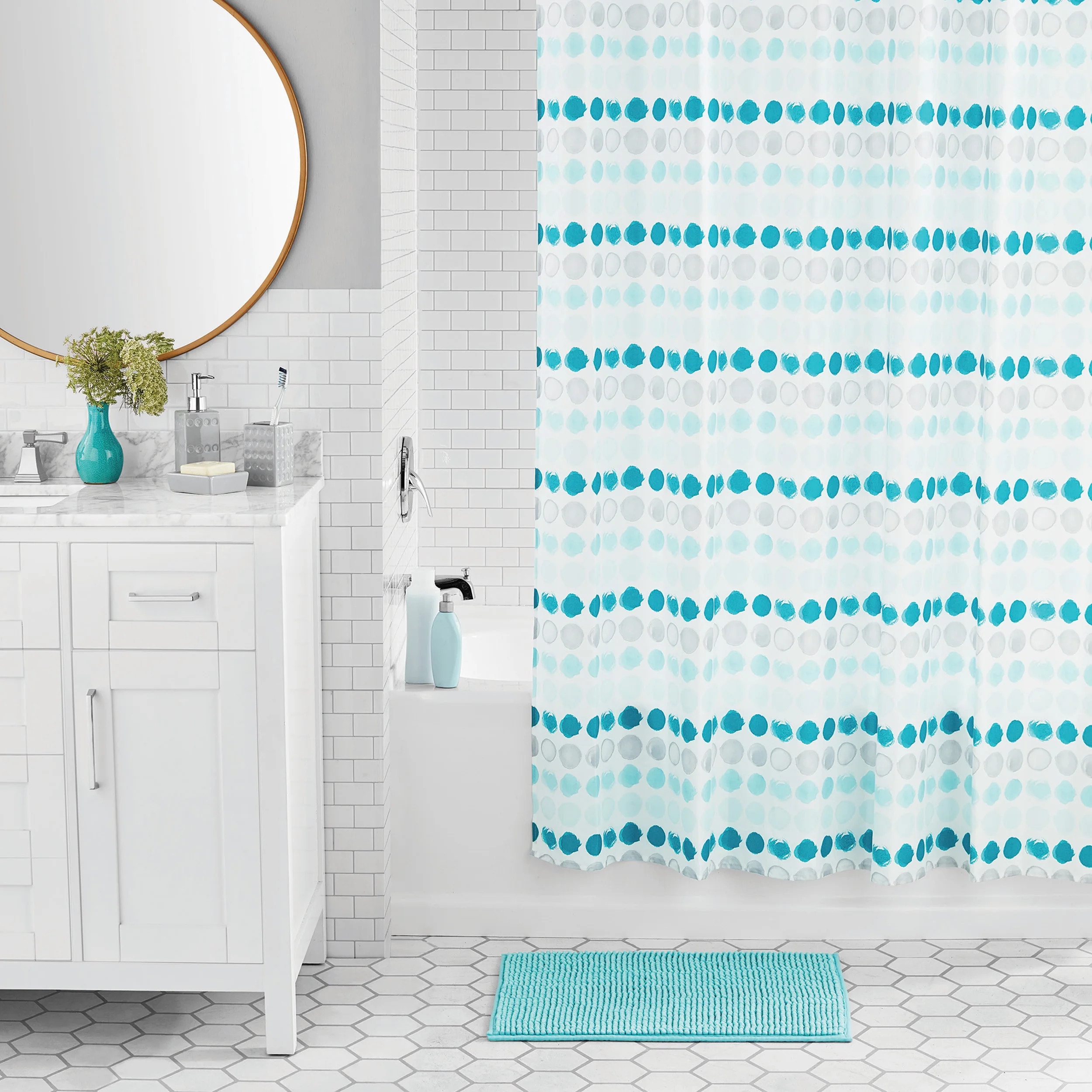 Mainstays 17-Piece Polka Dot Polyester/Ceramic Shower Curtain & Bathroom Accessory Set, Multi-Col... | Walmart (US)