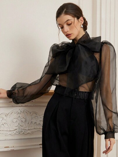 Revavyn Women's Romantic French Style Organza Sheer Sexy Tied Bow Puff Sleeve Blouse Top, Spr... | SHEIN