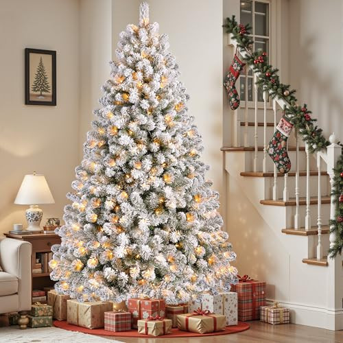 SHareconn 6ft Prelit Snow Flocked Spruce Artificial Christmas Tree with 250 Incandescent Warm White Lights, Foldable Stand, Snow Flocked Full Prelighted Xmas Tree W/900 Branch Tips, 6 FT, White | Amazon (US)