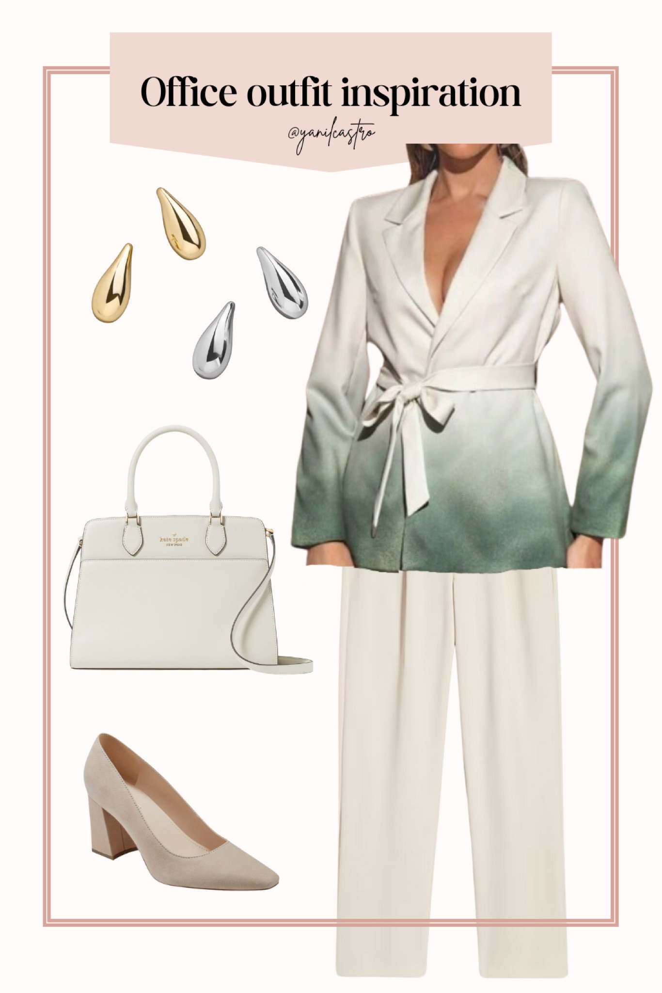 Workwear outfit inspiration 

Beautiful ombre blazer, nude trousers, nude kate spade purse, nude shoes, earrings 

#LTKWorkwear #LTKStyleTip