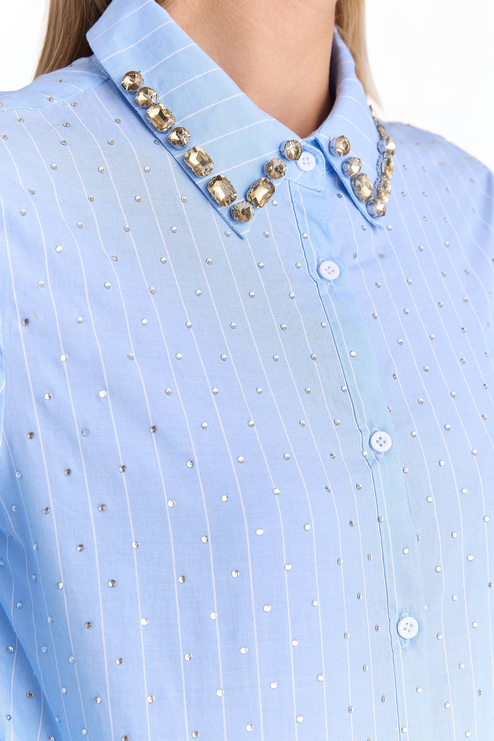 Josefina Crystal Button Up - Blue Stripe | The Noli Shop