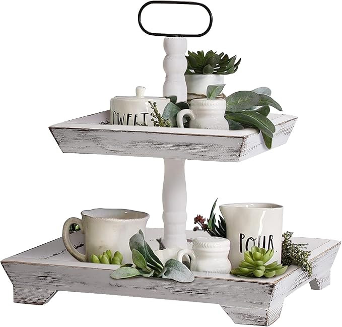Tiered Tray Stand Farmhouse Tiered Tray for Decors Holder 2 Tiered Tray Stand for Kitchen Bedroom... | Amazon (US)