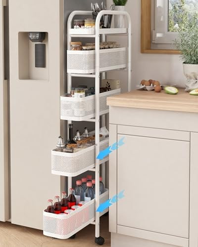 Slim Storage Cart 5 Tier with Pull Out Basket Bathroom Organizer Rolling cart, Rolling Utility Ca... | Amazon (US)