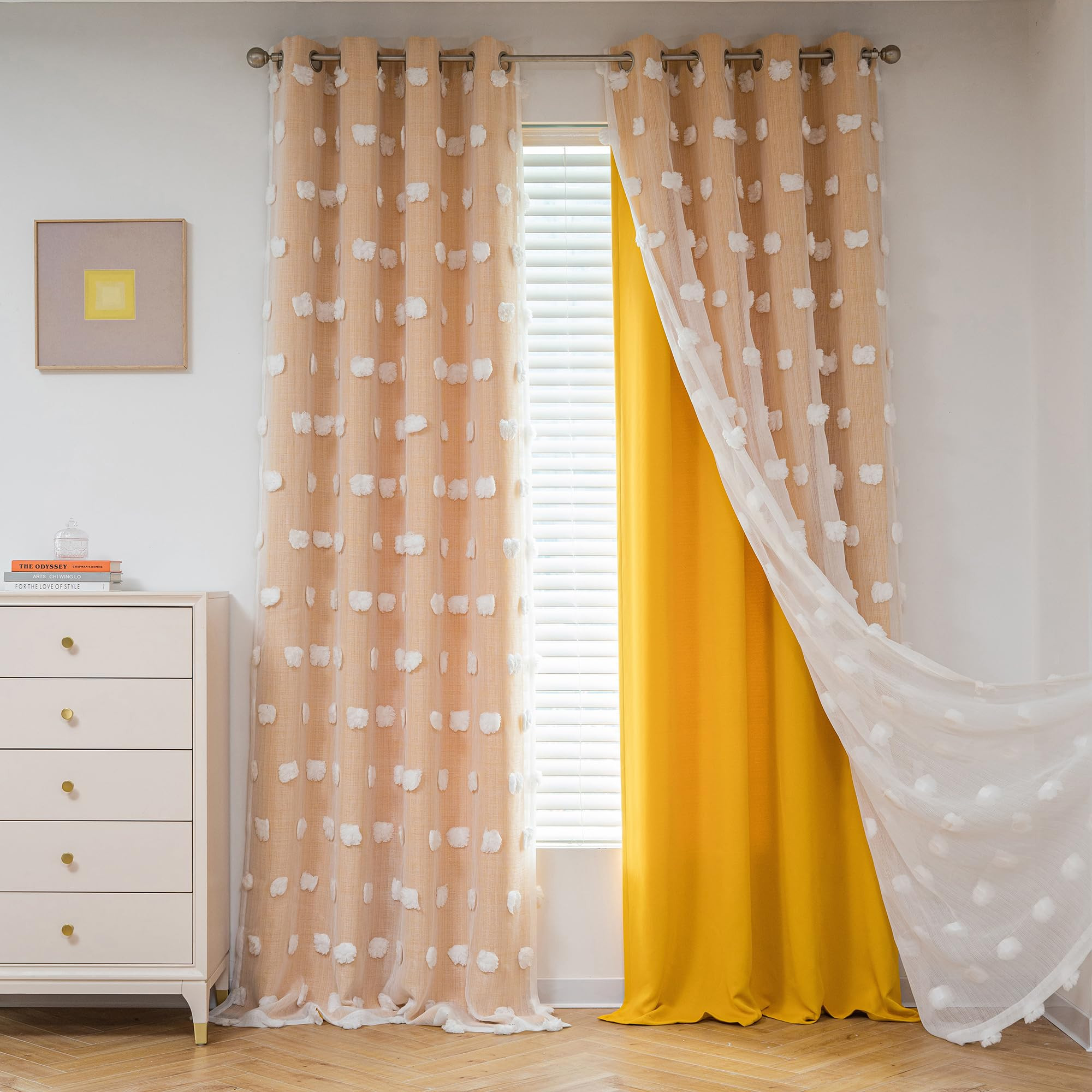 MYSKY HOME Nursery Curtains for Girl Room Yellow Curtains 72 Inches Long Pom Pom White Sheer Curt... | Amazon (US)