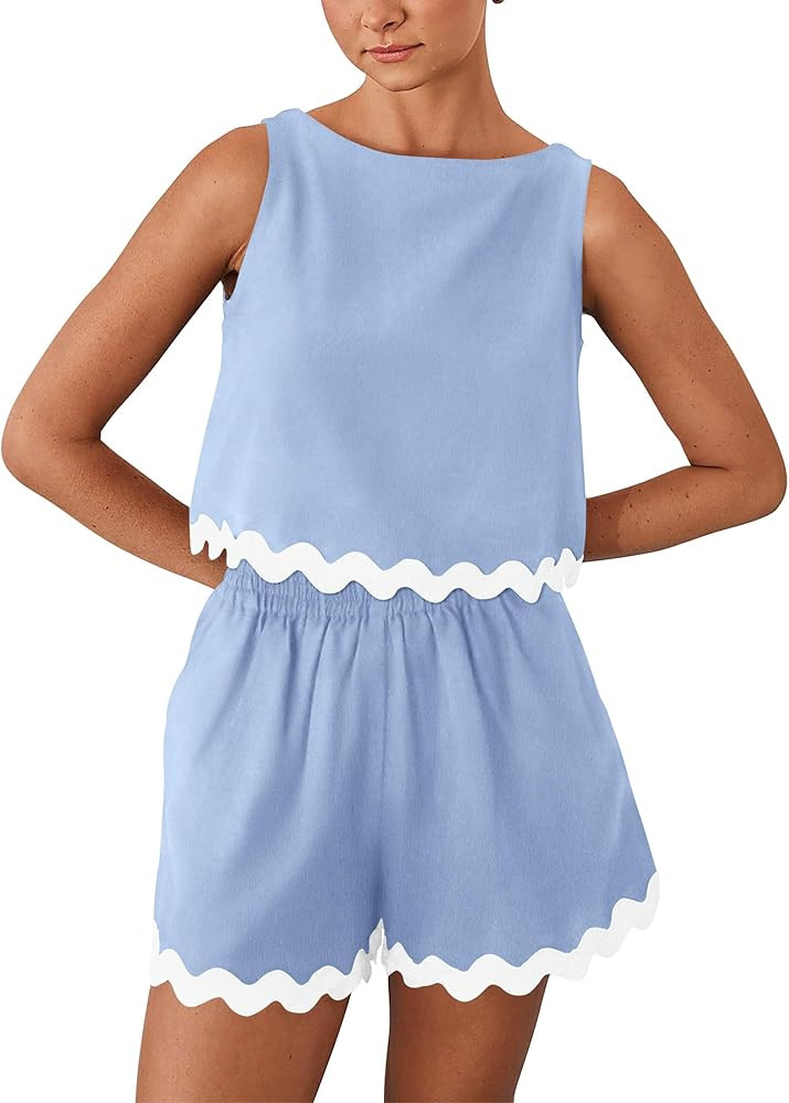 PRETTYGARDEN Womens 2 Piece Beach Vacation Cropped Tank Top High Waist Shorts Set | Amazon (US)