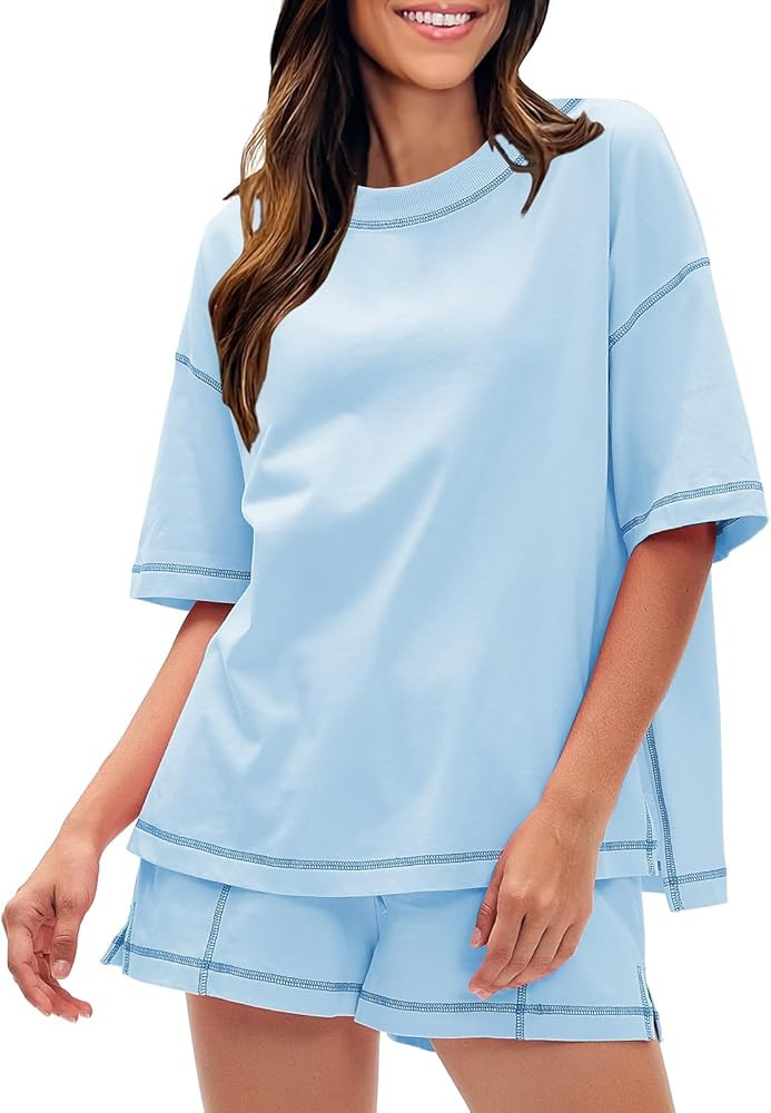 EXLURA Women's Casual Summer 2 Piece Sets 100% Cotton Short Sleeve Tshirt and Shorts Matching Swe... | Amazon (US)