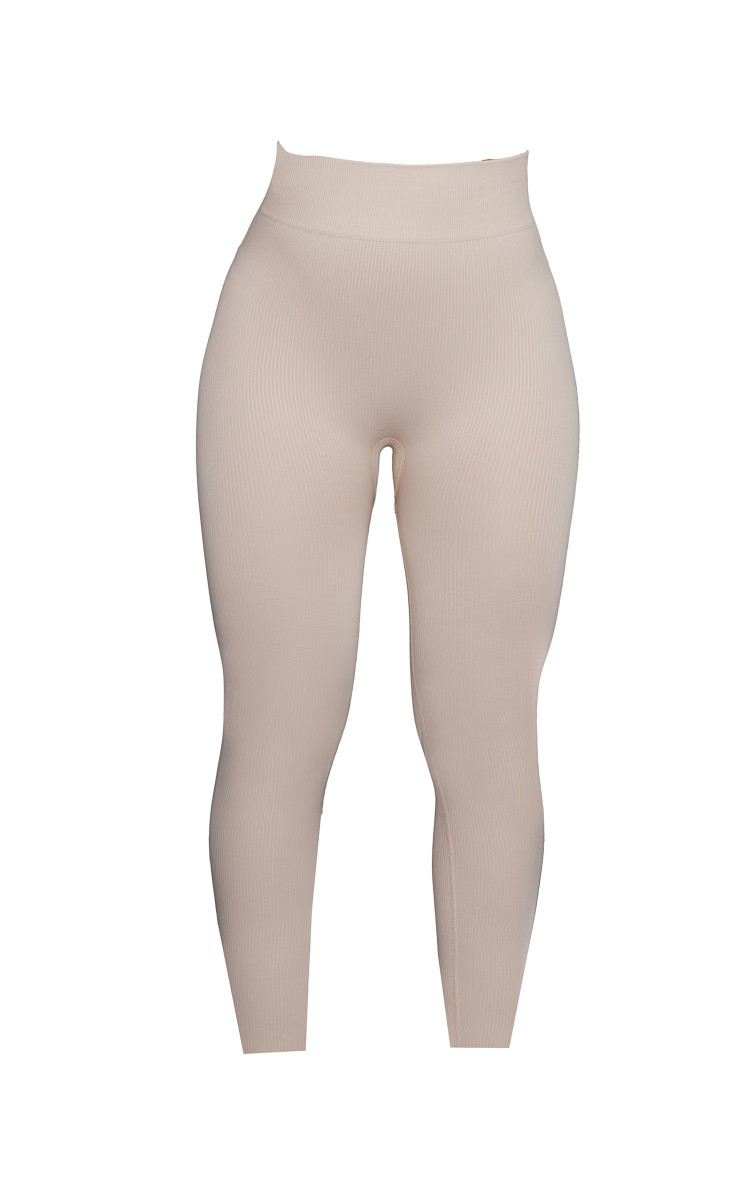 Oatmeal Seamless Rib Basic Branding Gym Leggings | PrettyLittleThing US