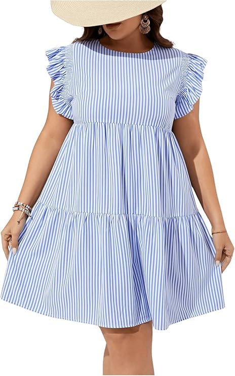 Floerns Women's Plus Size Striped Print Ruffle Trim Cap Sleeve Swing Shift Dress | Amazon (US)