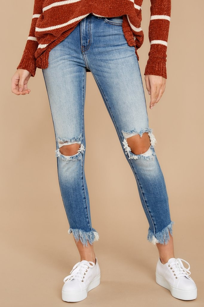 Take A Risk Light Wash Distressed Skinny Jeans | Red Dress 