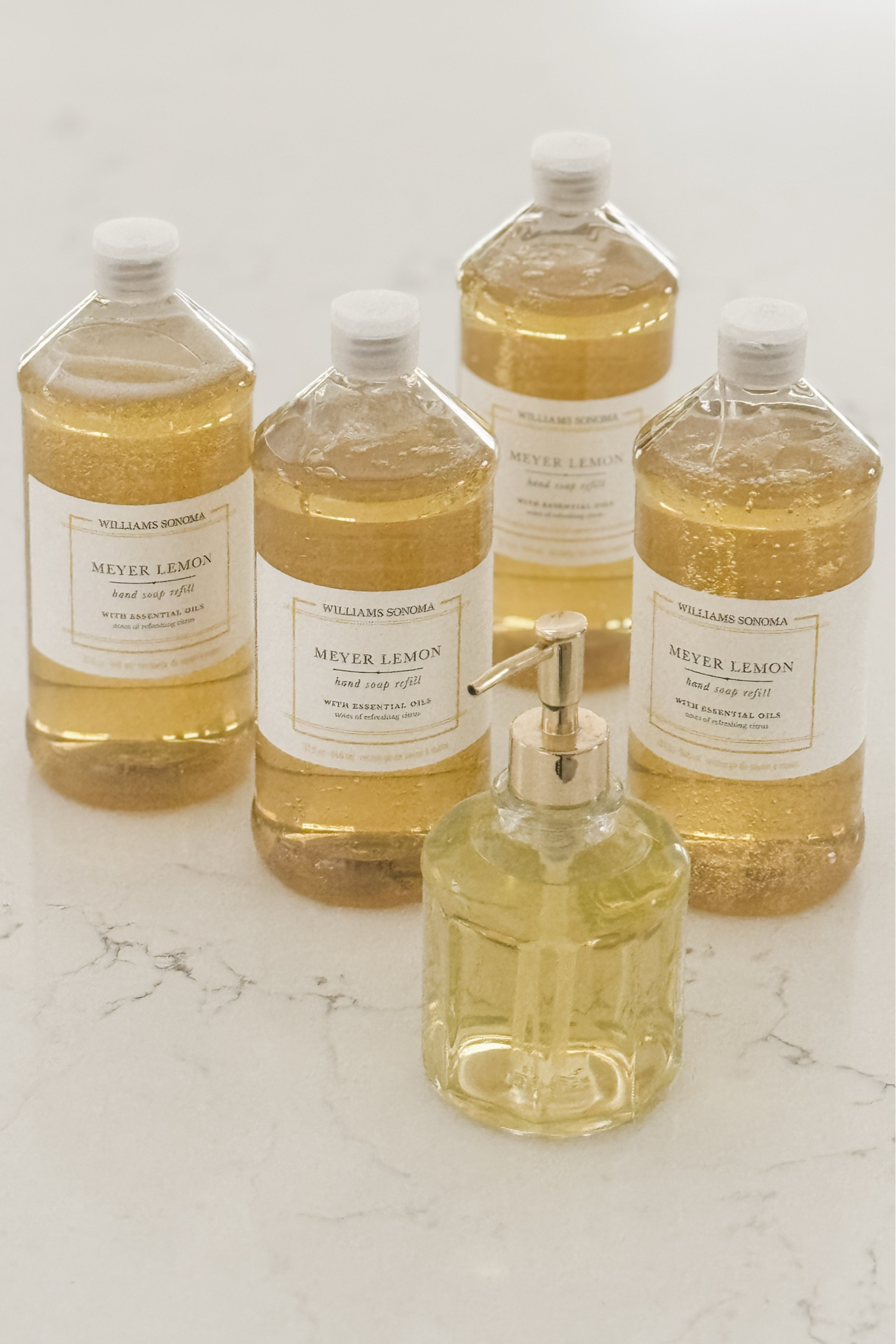 Guests often ask us what hand soap we use because the scent is so fantastic — well, the “secret” is out: it’s Meyer Lemon by Williams-Sonoma (lol — we don’t gatekeep; it’s never been a secret! 🤭).

We prefer to buy the refills to fill our soap pumps throughout the house, but the soaps can also be purchased in their own pumps.

We also buy the Meyer Lemon dish soap to keep things cohesive — it’s an all-year fragrance that we find works particularly well in the kitchen and doesn’t “conflict” with  other food scents.

*NOTE: the hand pump is from Target’s Hearth & Hand line from a few years ago 

#LTKHome