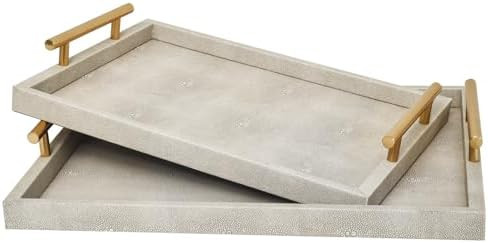 Modern Decorative Tray Set of 2 Ivory Shagreen Leather and Wood Serving Tray with Gold Polished M... | Amazon (US)
