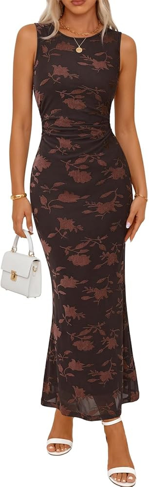 MEROKEETY Women's Summer Wedding Guest Maxi Dress 2026 Sleeveless Floral Bodycon Mesh Cocktail Fo... | Amazon (US)