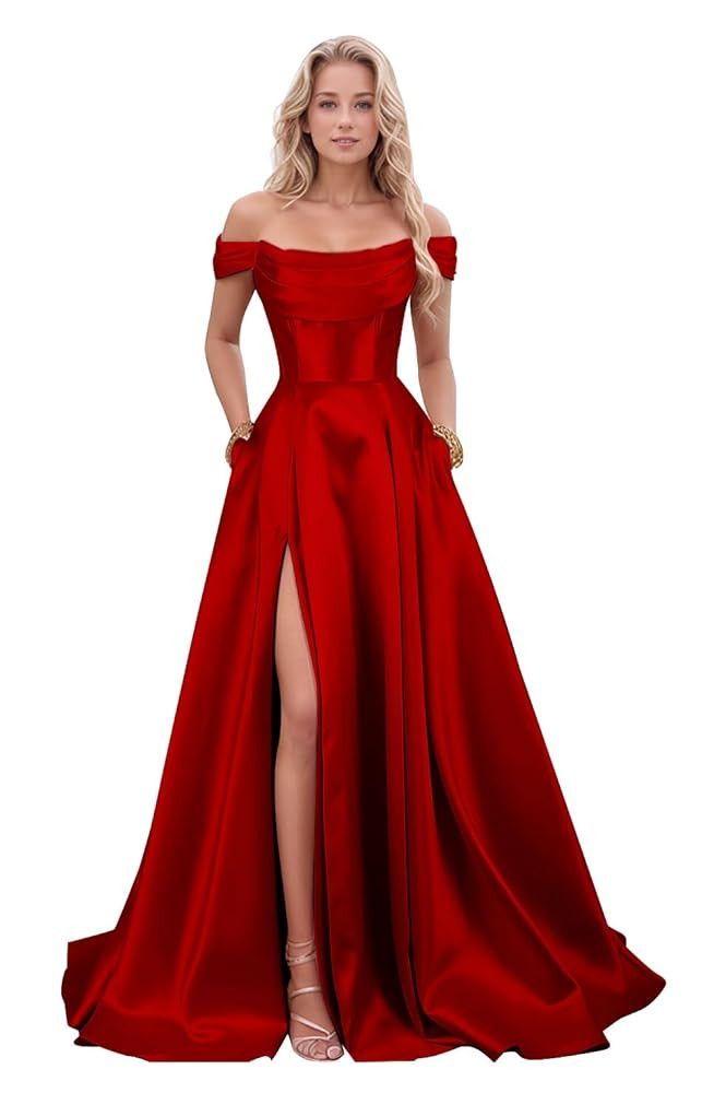 Women's Satin Prom Dresses with Slit Strapless A Line Corset Ball Gowns Off Shoulder Formal Eveni... | Amazon (US)