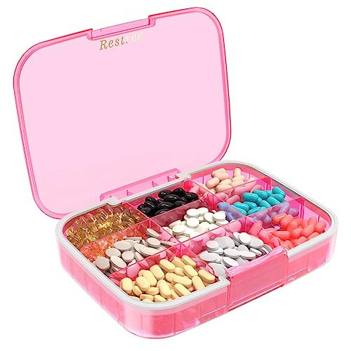 Restree Large Pill Organizer, Moisture Proof & Waterproof Travel Pill Case, Portable Medication Box with Adjustable Dividers for Vitamins Supplements Fish Oil and Daily Pills 9 Compartments (Pink) | Amazon (US)