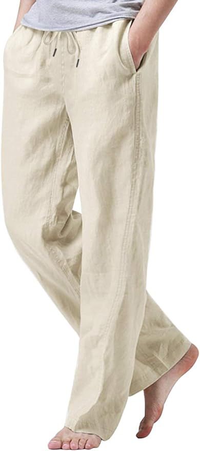 iWoo Mens Cotton Linen Drawstring Pants Elastic Waist Casual Jogger Yoga Pants | Amazon (US)