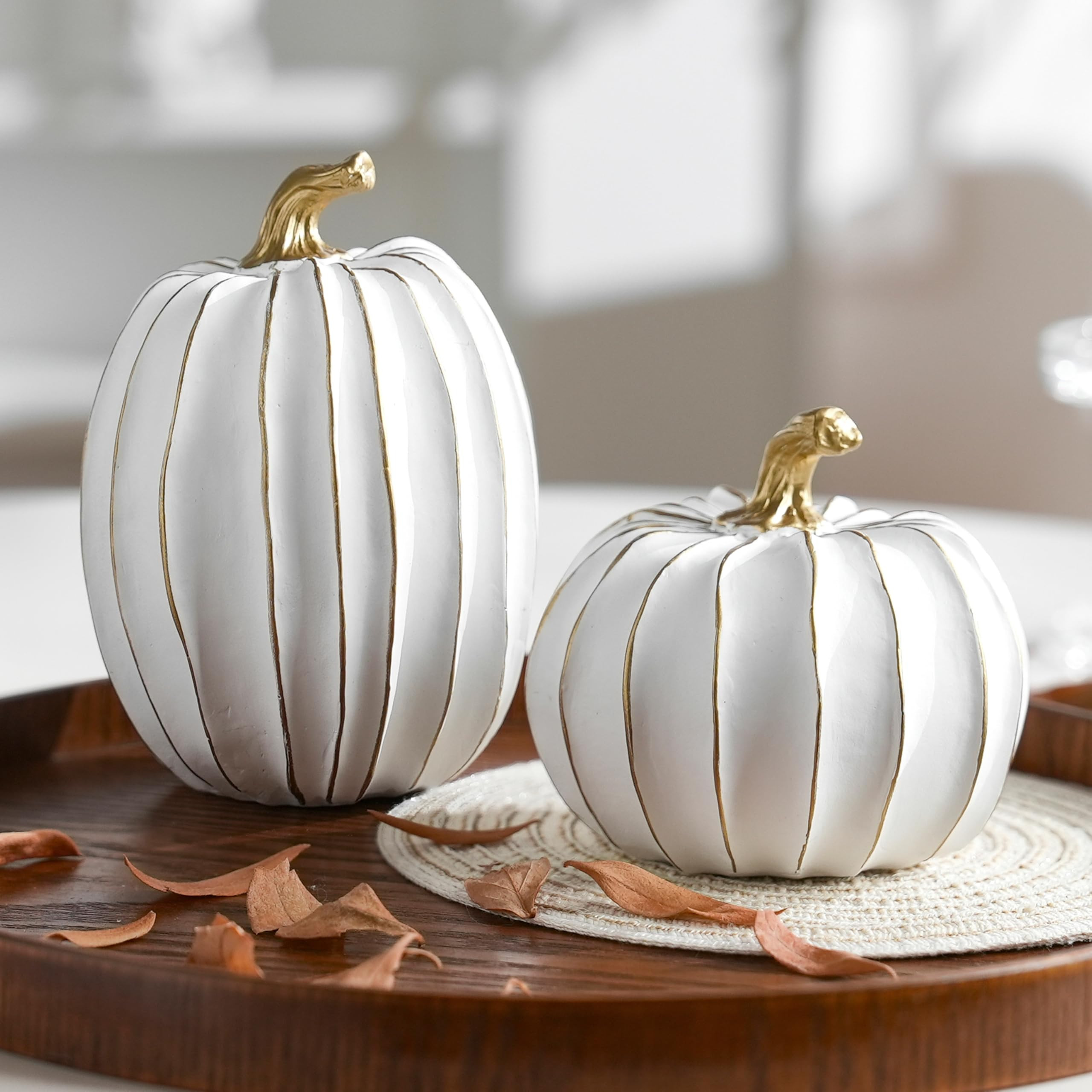 Fall Pumpkin Decor, White and Gold Decorative Pumpkins, Thanksgiving Resin Pumpkins Figurine Set ... | Amazon (US)